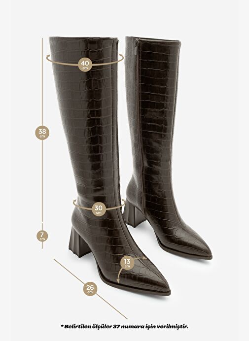 Kadın Sivri Burun Kalın Topuklu Çizme Alenta Kahve Croco - Görsel 5