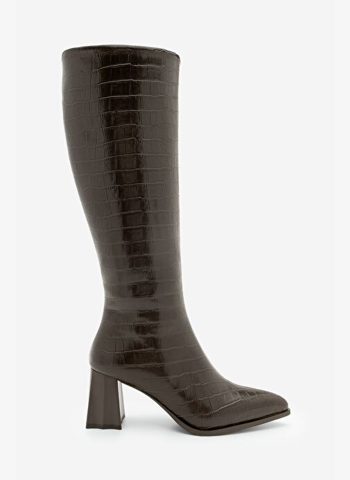 Kadın Sivri Burun Kalın Topuklu Çizme Alenta Kahve Croco - Görsel 7