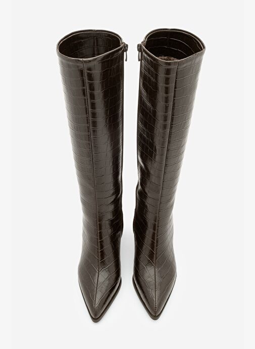 Kadın Sivri Burun Kalın Topuklu Çizme Alenta Kahve Croco - Görsel 8