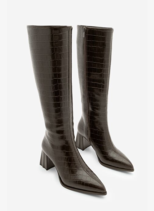 Kadın Sivri Burun Kalın Topuklu Çizme Alenta Kahve Croco - Görsel 3