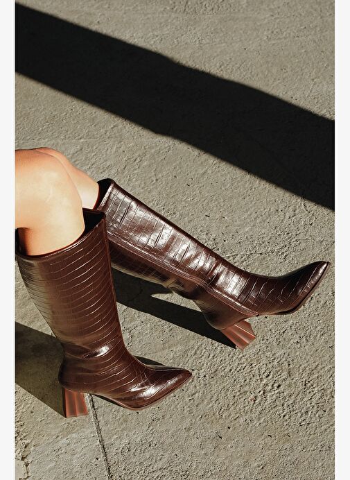 Kadın Sivri Burun Kalın Topuklu Çizme Alenta Kahve Croco - Görsel 6