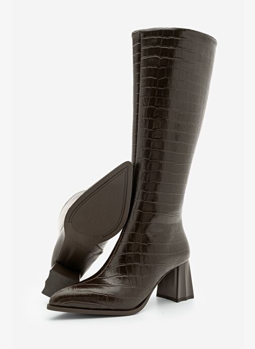 Kadın Sivri Burun Kalın Topuklu Çizme Alenta Kahve Croco - Görsel 4