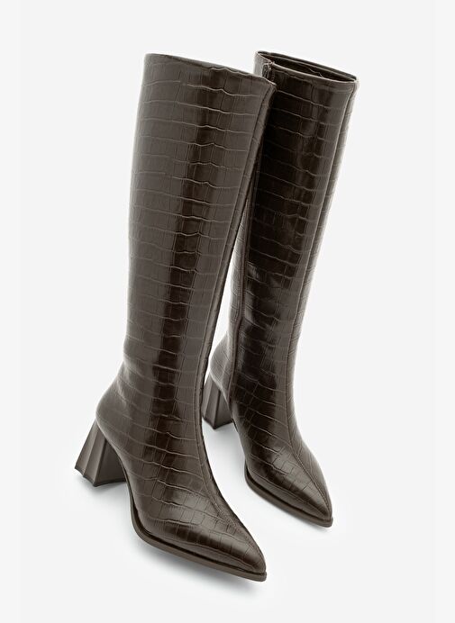 Kadın Sivri Burun Kalın Topuklu Çizme Alenta Kahve Croco - Görsel 2