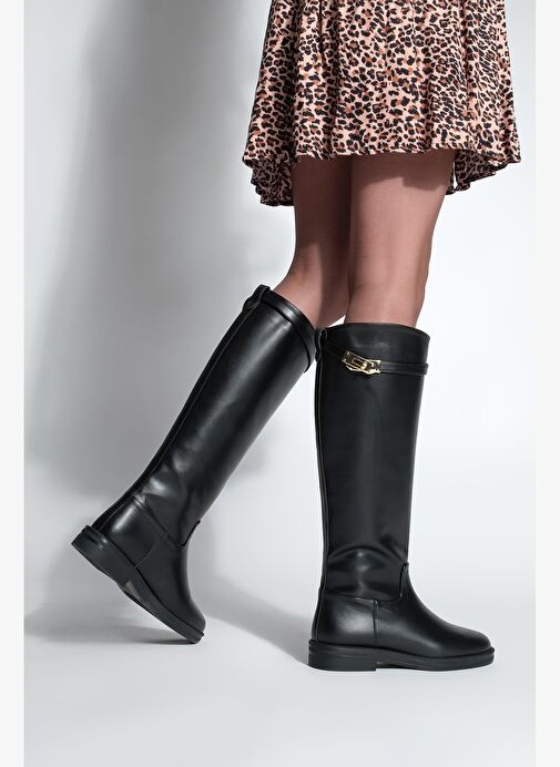 Kadın Tokalı Binici Günlük Çizme Velote Siyah - Görsel 5