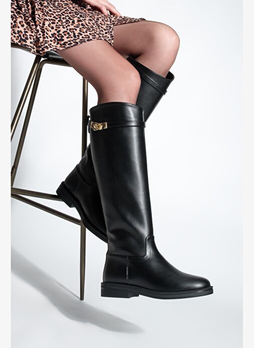Kadın Tokalı Binici Günlük Çizme Velote Siyah - Görsel 3