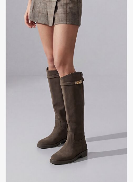 Kadın Tokalı Binici Günlük Çizme Velote Kahve Süet - Görsel 3