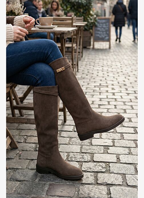 Kadın Tokalı Binici Günlük Çizme Velote Kahve Süet - Görsel 5