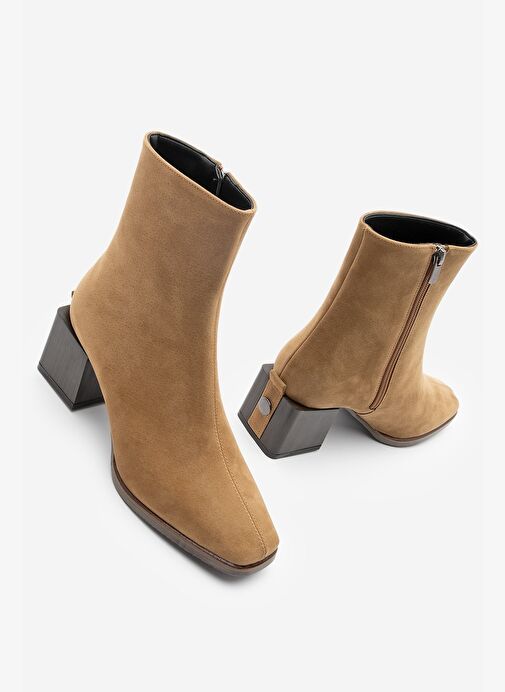 Kadın Topuklu Bot&Bootie Küt Burun Ahşap Desen Ökçe Fermuarlı Günlük Klasik Bot Noyes Taba Süet - Görsel 5