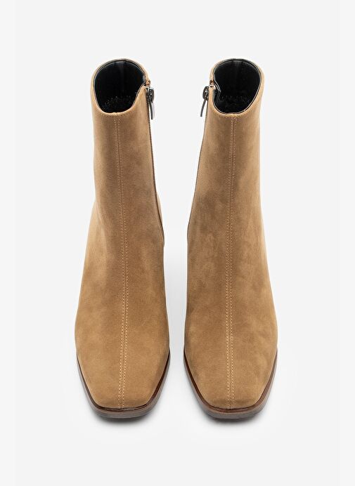 Kadın Topuklu Bot&Bootie Küt Burun Ahşap Desen Ökçe Fermuarlı Günlük Klasik Bot Noyes Taba Süet - Görsel 4