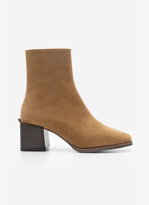Kadın Topuklu Bot&Bootie Küt Burun Ahşap Desen Ökçe Fermuarlı Günlük Klasik Bot Noyes Taba Süet - Görsel 7