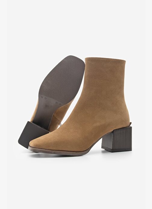 Kadın Topuklu Bot&Bootie Küt Burun Ahşap Desen Ökçe Fermuarlı Günlük Klasik Bot Noyes Taba Süet - Görsel 6