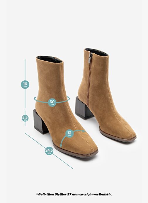 Kadın Topuklu Bot&Bootie Küt Burun Ahşap Desen Ökçe Fermuarlı Günlük Klasik Bot Noyes Taba Süet - Görsel 8