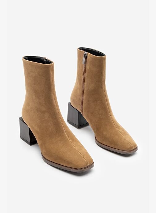 Kadın Topuklu Bot&Bootie Küt Burun Ahşap Desen Ökçe Fermuarlı Günlük Klasik Bot Noyes Taba Süet - Görsel 2