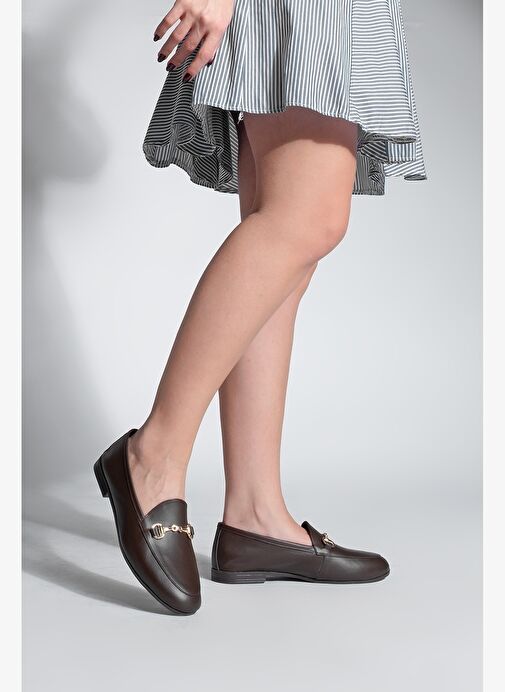 Kadın Hakiki Deri Zincirli Loafer Günlük Ayakkabı Tanle Kahve - Görsel 3