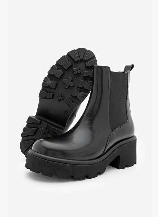 Kadın Kalın Tırtıklı Taban Elastik Yan Bantlı Günlük Bot Zates Siyah - Görsel 9