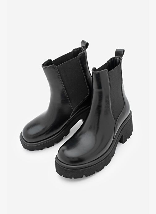 Kadın Kalın Tırtıklı Taban Elastik Yan Bantlı Günlük Bot Zates Siyah - Görsel 2