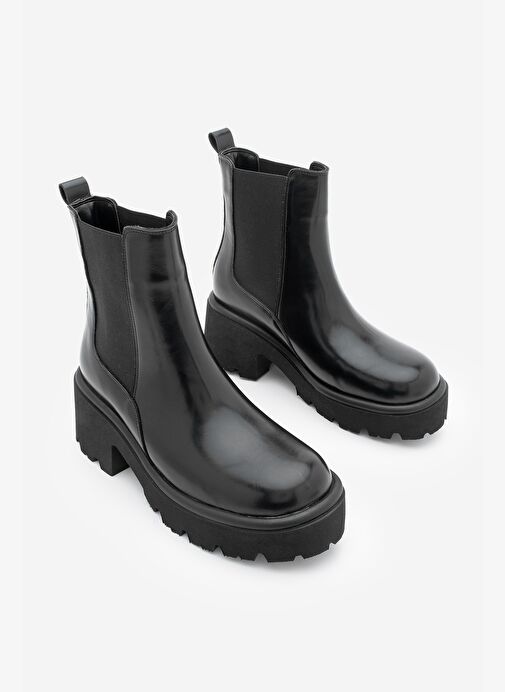 Kadın Kalın Tırtıklı Taban Elastik Yan Bantlı Günlük Bot Zates Siyah - Görsel 6