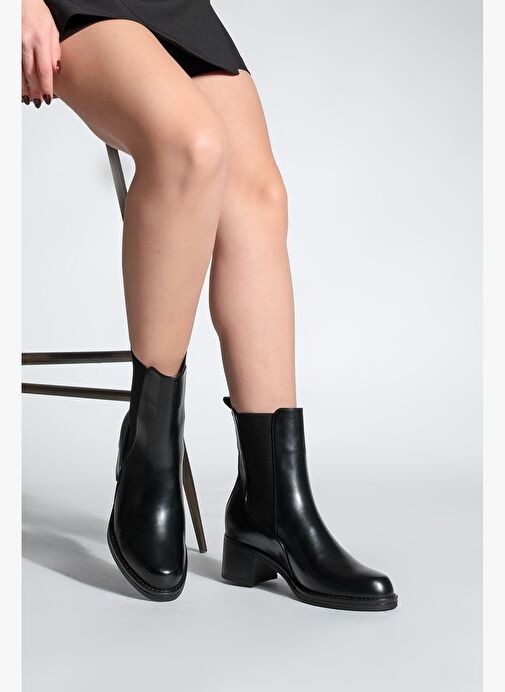 Kadın Kalın Topuklu Elastik Yan Bantlı Topuklu Bot Elove Siyah - Görsel 7