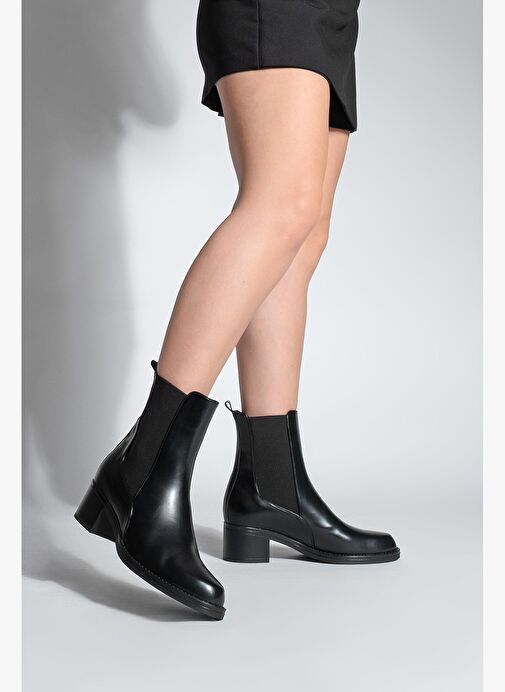 Kadın Kalın Topuklu Elastik Yan Bantlı Topuklu Bot Elove Siyah - Görsel 5