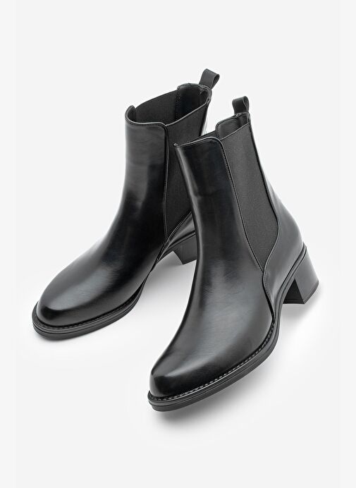 Kadın Kalın Topuklu Elastik Yan Bantlı Topuklu Bot Elove Siyah - Görsel 2