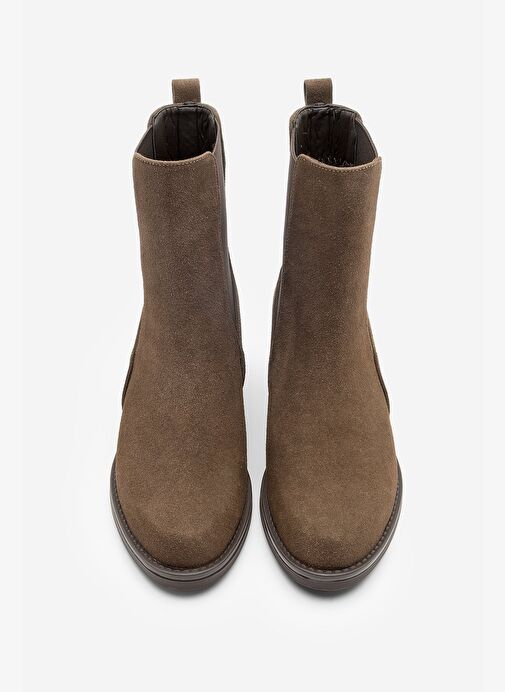 Kadın Kalın Topuklu Elastik Yan Bantlı Topuklu Bot Elove Kahve Süet - Görsel 5