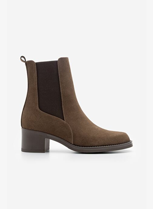 Kadın Kalın Topuklu Elastik Yan Bantlı Topuklu Bot Elove Kahve Süet - Görsel 3