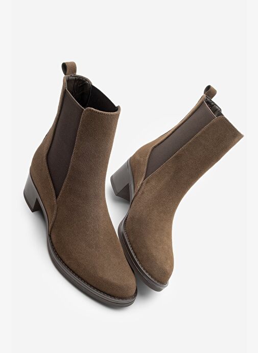 Kadın Kalın Topuklu Elastik Yan Bantlı Topuklu Bot Elove Kahve Süet - Görsel 2