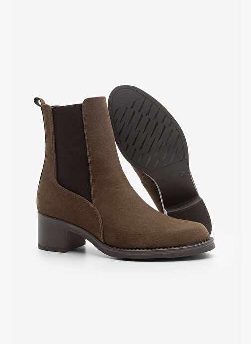 Kadın Kalın Topuklu Elastik Yan Bantlı Topuklu Bot Elove Kahve Süet - Görsel 7