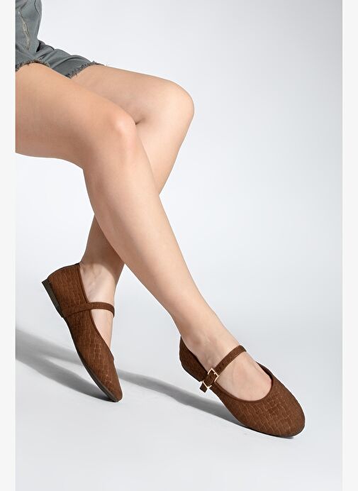 Kadın Desenli Bantlı Günlük Babet Afira Kahve Süet - Görsel 5