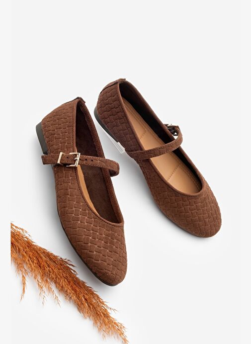 Kadın Desenli Bantlı Günlük Babet Afira Kahve Süet - Görsel 2