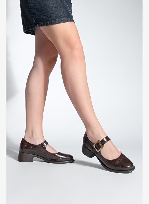 Kadın Tokalı Loafer Günlük Topuklu Ayakkabı Meniz Kahve Croco - Görsel 7