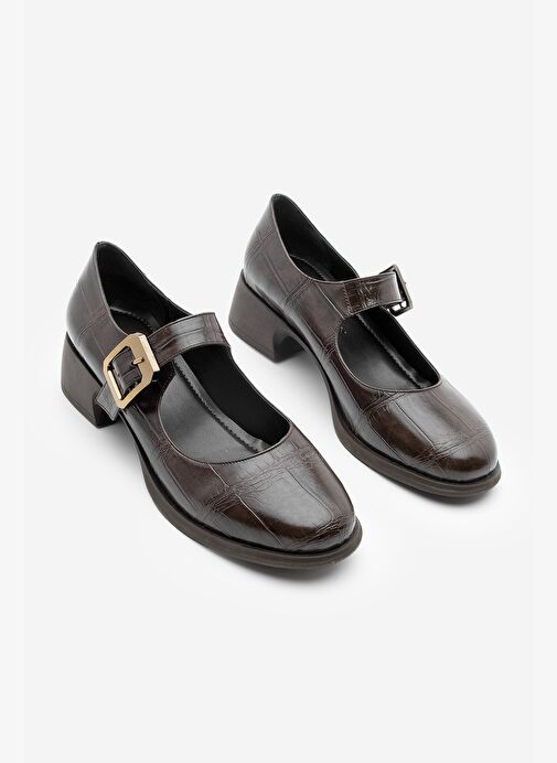 Kadın Tokalı Loafer Günlük Topuklu Ayakkabı Meniz Kahve Croco - Görsel 6
