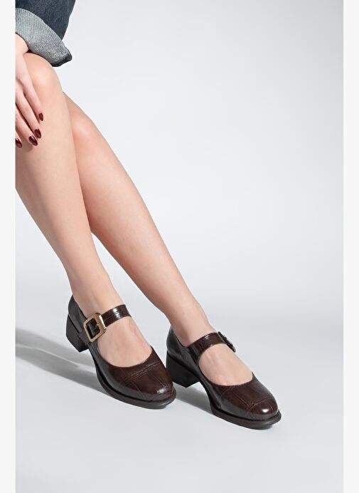 Kadın Tokalı Loafer Günlük Topuklu Ayakkabı Meniz Kahve Croco - Görsel 5