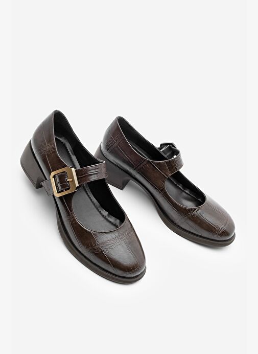 Kadın Tokalı Loafer Günlük Topuklu Ayakkabı Meniz Kahve Croco - Görsel 2
