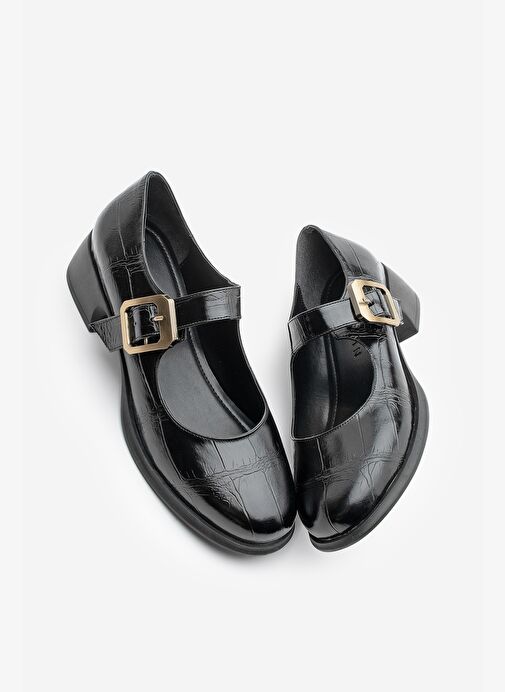 Kadın Tokalı Loafer Günlük Topuklu Ayakkabı Meniz Siyah Croco - Görsel 2