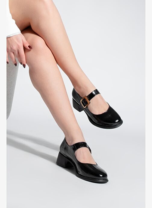 Kadın Tokalı Loafer Günlük Topuklu Ayakkabı Meniz Siyah Croco - Görsel 7