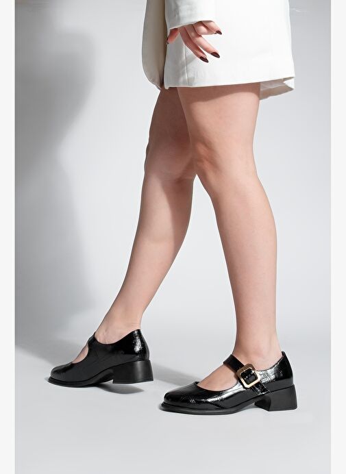 Kadın Tokalı Loafer Günlük Topuklu Ayakkabı Meniz Siyah Croco - Görsel 9