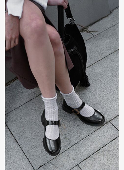 Kadın Tokalı Loafer Günlük Topuklu Ayakkabı Meniz Siyah Croco - Görsel 5