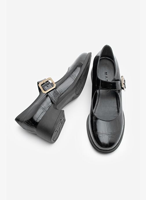 Kadın Tokalı Loafer Günlük Topuklu Ayakkabı Meniz Siyah Croco - Görsel 6