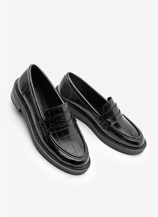 Kadın Loafer Günlük Klasik Ayakkabı Casual Makosen Fonle Siyah Croco - Görsel 2