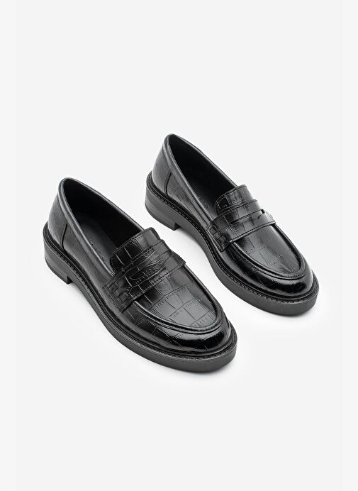 Kadın Loafer Günlük Klasik Ayakkabı Casual Makosen Fonle Siyah Croco - Görsel 5
