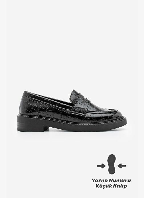 Kadın Loafer Günlük Klasik Ayakkabı Casual Makosen Fonle Siyah Croco - Görsel 4