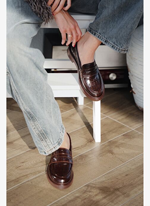 Kadın Loafer Günlük Klasik Ayakkabı Casual Makosen Fonle Kahve Croco - Görsel 3