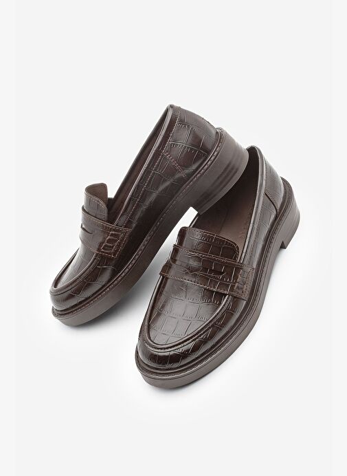 Kadın Loafer Günlük Klasik Ayakkabı Casual Makosen Fonle Kahve Croco - Görsel 2