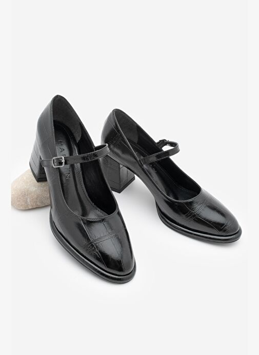 Kadın Loafer İnce Bantlı Kalın Topuklu Günlük Ayakkabı Vikas Siyah Croco - Görsel 2