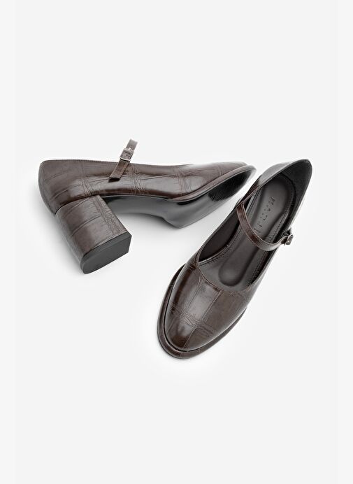 Kadın Loafer İnce Bantlı Kalın Topuklu Günlük Ayakkabı Vikas Kahve Croco - Görsel 6