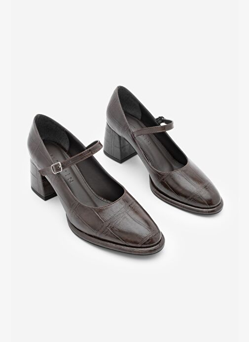 Kadın Loafer İnce Bantlı Kalın Topuklu Günlük Ayakkabı Vikas Kahve Croco - Görsel 4