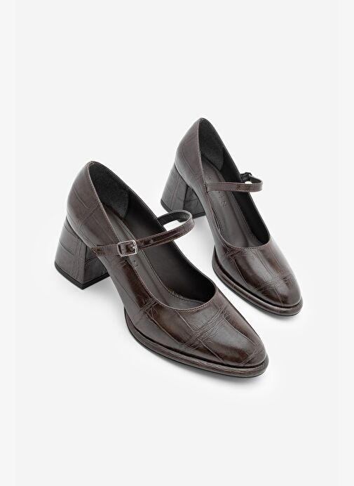 Kadın Loafer İnce Bantlı Kalın Topuklu Günlük Ayakkabı Vikas Kahve Croco - Görsel 2