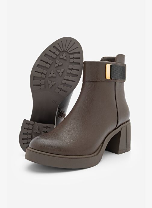 Kadın Tokalı Fermuarlı Kalın Topuklu Bot Nuvos Kahve - Görsel 5