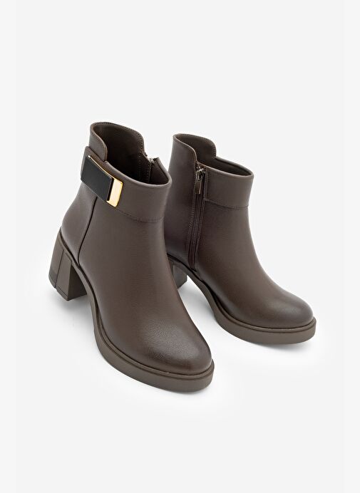 Kadın Tokalı Fermuarlı Kalın Topuklu Bot Nuvos Kahve - Görsel 2